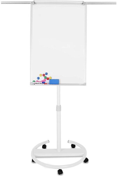 Chevalet de conférence sur roulettes réglable en hauteur 60 x 90 cm 2 bras extensibles magnétique effaçable incluant aimants papiers éponge paperboard tableau magnétique blanc 01_0000173