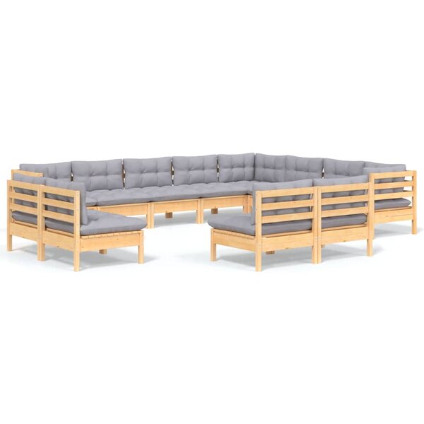 vidaXL Salon de jardin 12 Pièces avec coussins gris Bois de pin massif