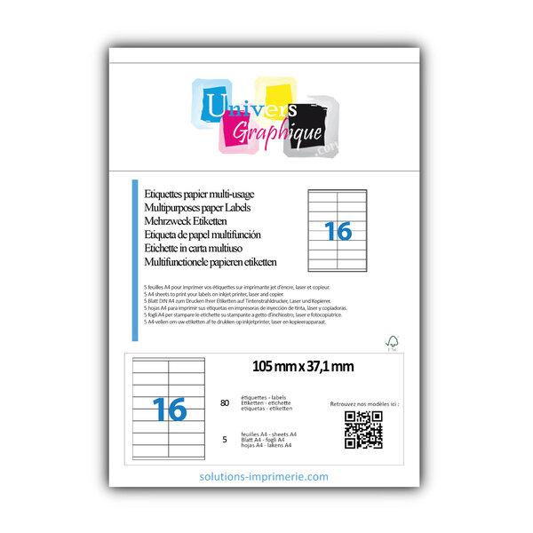 Lot de 5 planches a4 de 16 étiquettes à bords vifs 105 x 37 1 mm en papier blanc 70g/m² multifonction
