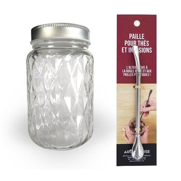 Bocal Mason Jar avec couvercle 37 5 cl diamant + paille inox avec filtre
