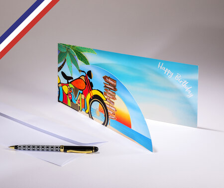 Carte double extravagance créée et imprimée en france sur papier certifié pefc - happy birthday - moto - découpe nuage et or à chaud
