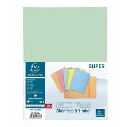 Paquet 100 chemises 1 rabat SUPER 160g 24x32cm Vert EXACOMPTA