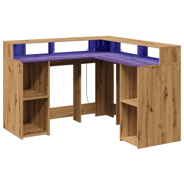 Bureau table poste de travail meuble d'ordinateur informatique étude avec lumières LED chêne artisanal bois d'ingénierie brun 02_0023419
