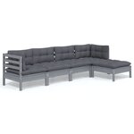 vidaXL Salon de jardin 5 Pièces avec coussins Gris Bois de pin