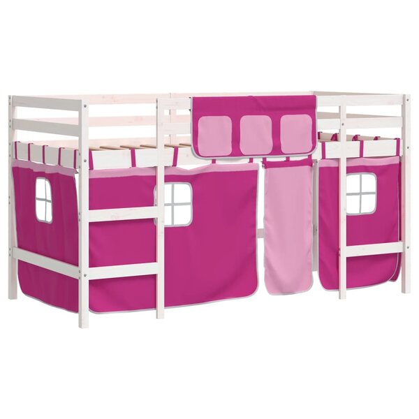 vidaXL Lit mezzanine enfants et rideaux rose 90x190cm bois pin massif
