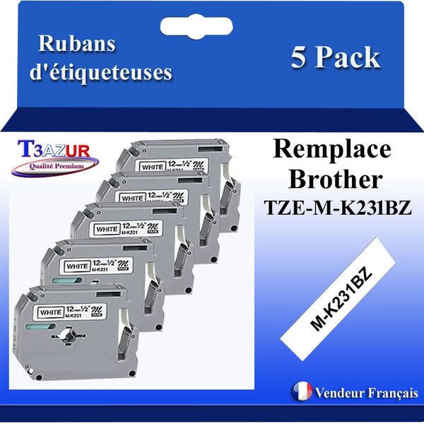 5x Rubans d'étiquettes laminées générique Brother Brother MK221BZ MK-221BZ pour étiqueteuses P-touch - Texte noir sur fond blanc - T3AZUR