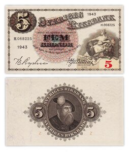 Billet de Collection 5 kronor 1943 Suede - Neuf - P33z