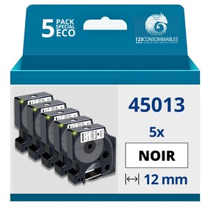 Pack de 5 Rubans compatible avec DYMO D1 45013 - Texte noir sur fond blanc - Largeur 12 mm x 7 mètres