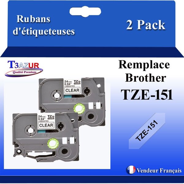 2x Rubans d'étiqueteuses compatibles avec Brother Tze151 Tze-151 pour étiqueteuses P-touch - Texte noir sur fond transparent - T3AZUR