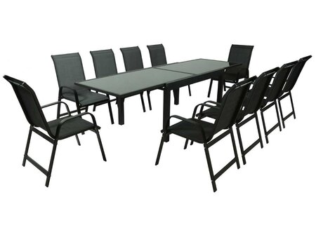 Salon de jardin extensible 140/280 "porto 10" - phoenix - noir - 1 table + 10 fauteuils