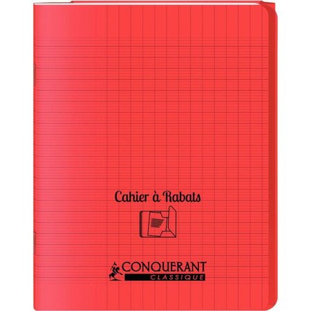 Cahier 48 pages seyès 90 g avec couverture polypropylène rouge 3 rabats  format 17 x 22 cm CONQUERANT