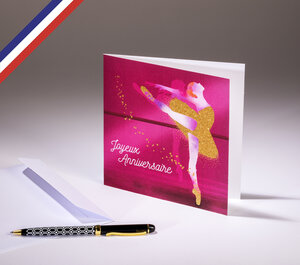 Carte double scintillante créée et imprimée en france sur papier certifié pefc - joyeux anniversaire - danseuse