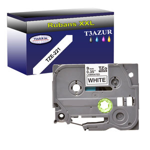 Ruban d'étiquettes laminées générique Brother Tze-221 pour étiqueteuses P-touch - Texte noir sur fond blanc - Largeur 9 mm x 8 mètres - T3AZUR
