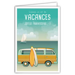 Carte Joyeux Anniversaire - Enveloppe - Mini Posters Format 17x11 5cm - Comme un Air Vacances - Van Planches Surf - Mer Voilier Spot Plage Sable Rétro Vintage - Fabriquée en France