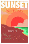 Carte Bonne FÊTE avec Enveloppe - Affichette Mini Poster Format 17x11 5cm Style Rétro Vintage Illustration Graphique - Sunset Coucher de Soleil sur l'eau Mer Plage de Sable Dunes Nature