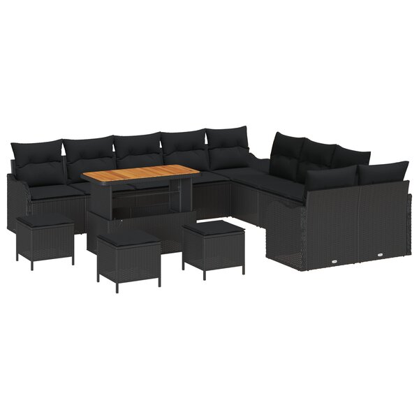 Ensemble de Canapé de Jardin 14 pièces avec Coussins Noir Poly Rotin Acacia