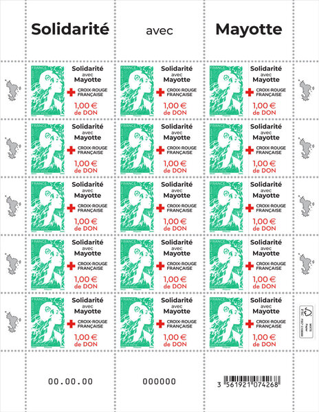 Feuille de 15 timbres - Solidarité avec Mayotte - Croix-Rouge française - Lettre verte