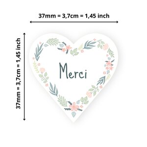 140 Etiquettes Merci Forme Coeur Autocollantes - 37 x 37 mm - Papier Recyclé - courronne de fleurs - 4 Planches A4 de Stickers Cœurs Remerciements pour Mariage Artisanat et Fêtes