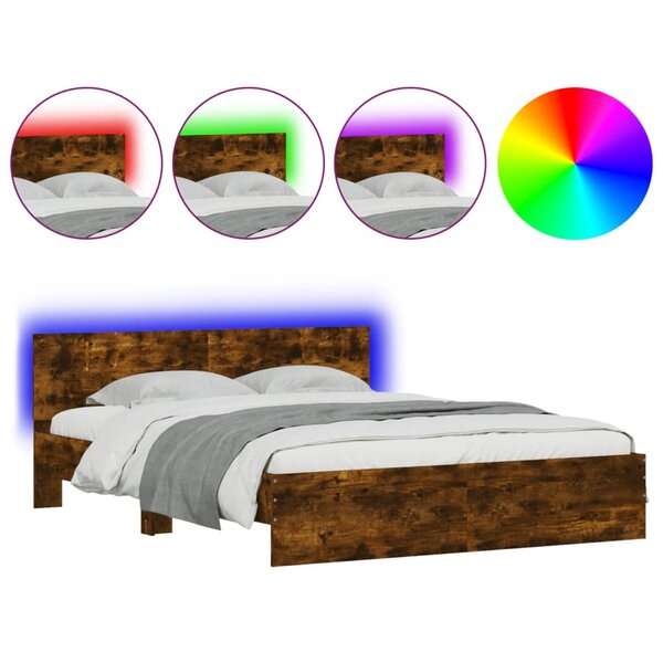 vidaXL Cadre de lit avec tête de lit et LED chêne fumé 160x200 cm