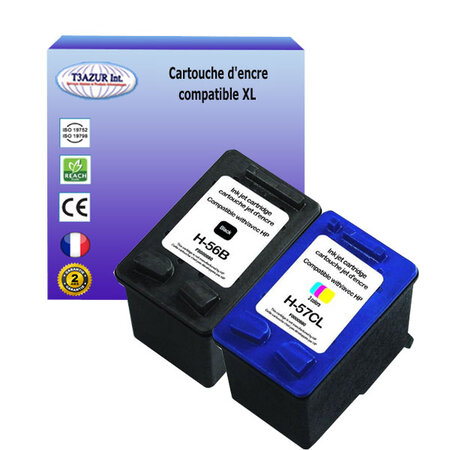 1+1 Cartouches compatibles avec HP OfficeJet 5600, 5605, 5610, 5615 remplace HP 56, HP 57 - (Noire+Couleur) - T3AZUR