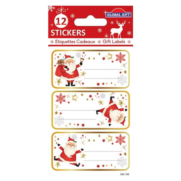 12 étiquettes adhésives de Noël - Père Noël rigolo