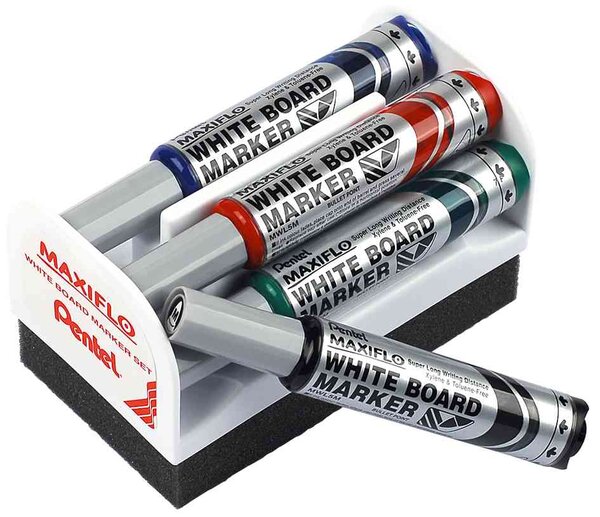 Set Brosse magnétique + 4 marqueurs pour tableau blanc MAXIFLO MWL5S PENTEL