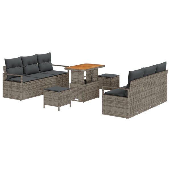 Set de 9 Sofas de Jardin avec Coussins Gris Poly Rattan Acacia