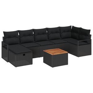 Canapé de jardin 8 pièces avec coussins en poly rotin noir