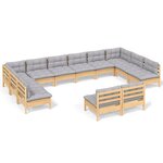 vidaXL Salon de jardin 12 Pièces avec coussins gris Bois de pin massif