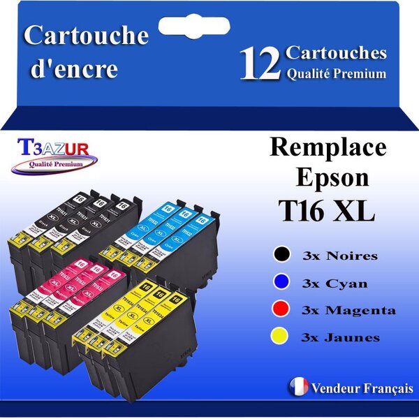 T3AZUR- 12x Cartouches Compatibles avec Epson 16XL 16 XL remplace Epson Workforce WF-2630WF WF-2650DWF WF-2660DWF WF-2750DWF WF-2760DWF