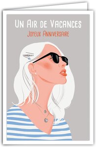 Carte Joyeux Anniversaire avec Enveloppe pour Jeune Fille ou Femme - Affichette Mini Posters Format 17x11 5cm - Un Air de Vacances Lunettes de Soleil Chic Marinière Rayures Rétro Vintage