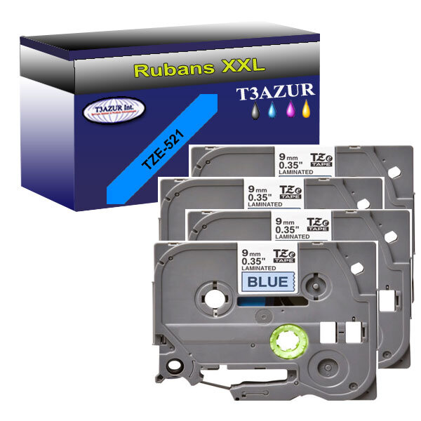 4 x Rubans d'étiquettes laminées générique Brother Tze-521 pour étiqueteuses P-touch - Texte noir sur fond bleu- T3AZUR