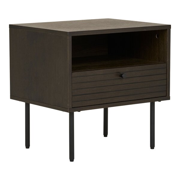 Table d'appoint 1 tiroir placage chêne fumé pieds métal noir 50 x 40 x 50 cm