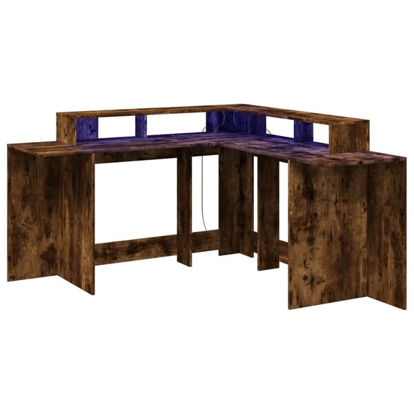 Bureau table poste de travail meuble d'ordinateur informatique étude et lumières LED chêne fumé 152 x 152 x 91cm bois ingénierie brun 02_0023785