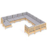 vidaXL Salon de jardin 12 Pièces avec coussins gris Bois de pin