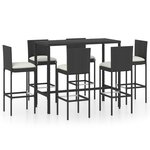 vidaXL Ensemble de bar de jardin 7 Pièces et coussins Résine tressée Noir