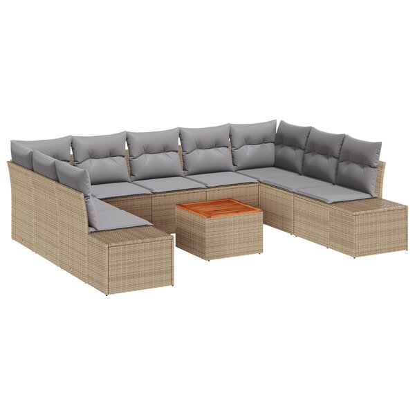 vidaXL Ensemble de Canapé de Jardin 10 Pièces avec Coussins Beige Poly Rattan Acacia