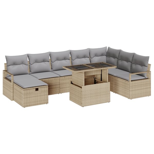 vidaXL Ensemble de canapé de jardin 9 pièces avec coussins Beige Rotin Poly