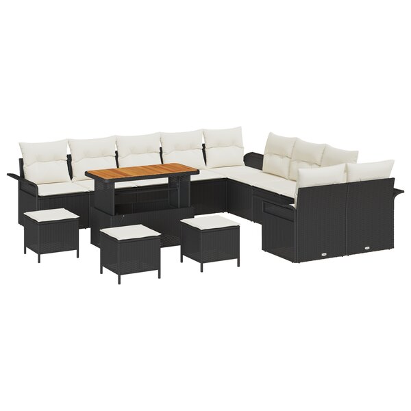Ensemble de canapé de jardin de 14 pièces avec coussins Noir Poly Rattan Acacia