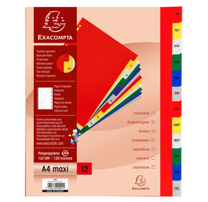Jeu d'intercalaires mensuel polypro 12 touches multicolores Format A4+ EXACOMPTA