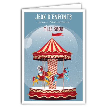 Carte Joyeux Anniversaire avec Enveloppe - Affichette Mini Posters Format 17x11 5cm - Jeux d'Enfants Bisous Manège Chevaux Fête Foraine Rétro Vintage