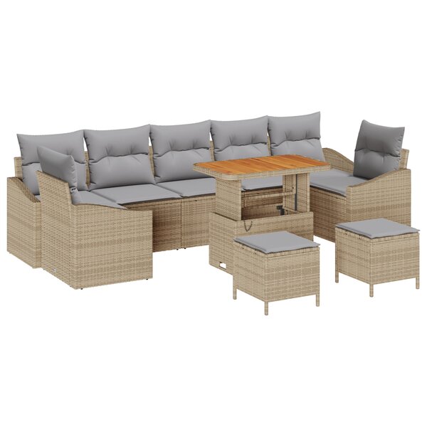 Ensemble de canapé de jardin de 10 pièces avec coussins beige en rotin synthétique acacia