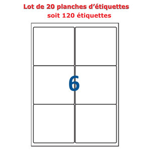 Lot de 20 Planches étiquettes autocollantes sur feuille A4 : 99 x 93 1 mm (6 étiquettes par feuille spéciales bons de transport)
