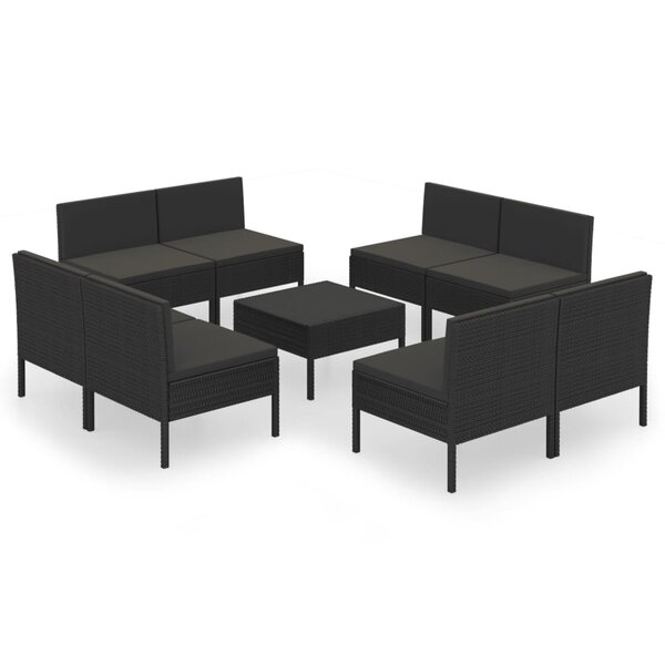 vidaXL Salon de jardin 9 Pièces avec coussins Résine tressée Noir