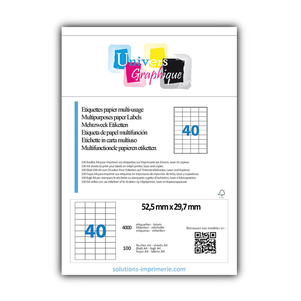 Lot de 100 planches a4 de 40 étiquettes à bords vifs 52 5 x 29 7 mm en papier blanc 70g/m² multifonction