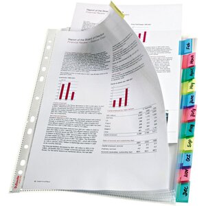 Pochette perforée lisse, A4, polypropylène 85 microns, 11 trous, transparente avec languettes de couleur