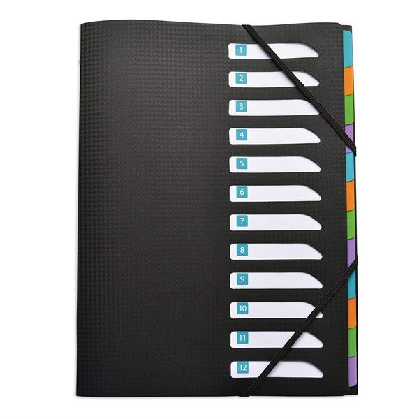 Trieur memphis 12 Compartiments Polypropylène Opaque A4 avec Elastique Noir ELBA