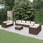 vidaXL Salon de jardin 9 Pièces avec coussins Résine tressée Marron