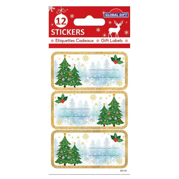 12 étiquettes adhésives de Noël - Sapins à paillettes dorées