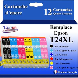 T3AZUR- 12x Cartouches Compatibles avec Epson 24XL 24 XL remplace Epson Expression Photo XP55 XP750 XP760 XP850 XP860 XP950 XP960 XP970